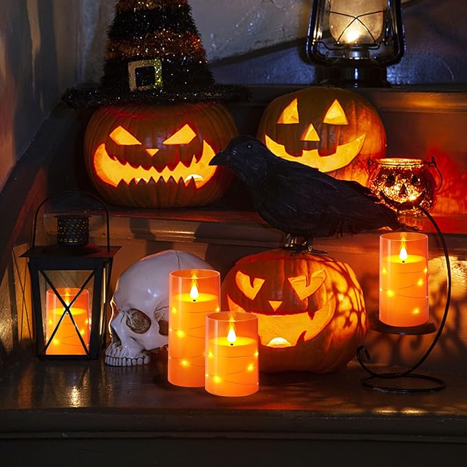 NURADA Flameless Candles with Remote Timers: Built-in Star String Lights 3D Wick Battery Operated Flickering LED Electric Candles for Halloween Thanksgiving Dinner Tables Fall Home Decor Orange 3 Pack