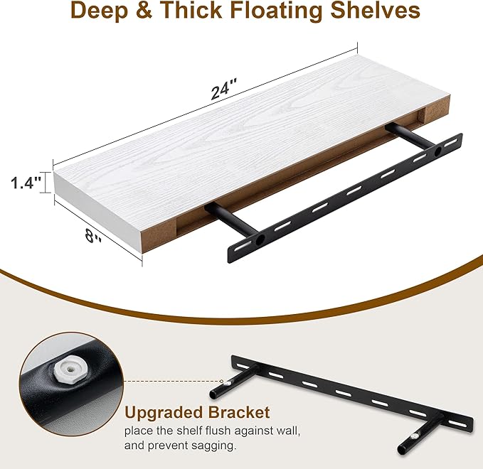 Fun Memories White Floating Shelves, 8 Inch Deep Wall Shelves Set of 2, Rustic Deep Shelves for Wall Storage, 24 x 8 Floating Shelves, 8" Deep White Shelves for Bedroom, Living Room, Kitchen