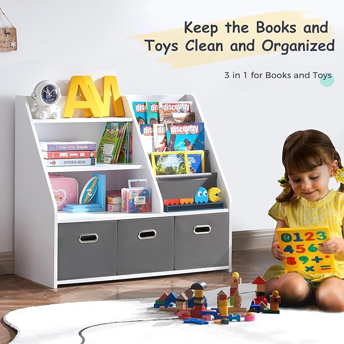 Kids Bookshelf, Kids Toy Storage Organizer with Storage Bins, Wooden Bookshelf and Book Display Shelf for Bedroom, Playroom, Nursery, Classroom, White