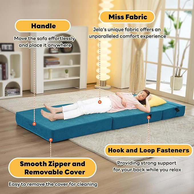 jela Foldable Sofa Bed, Convertible Sleeper Lounge Chair Floor Mattress Floor Couch with Backrest, Fold Out Futon with Washable Miss Fabric Cover for Guest Room, Living Room (83"x33",Teal)