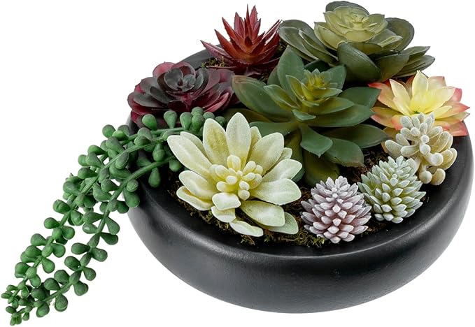 MyGift 8-Inch Artificial Succulent Plant Arrangement, Assorted Fake Plants in Modern Black Round Concrete Planter Bowl