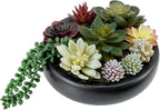MyGift 8-Inch Artificial Succulent Plant Arrangement, Assorted Fake Plants in Modern Black Round Concrete Planter Bowl