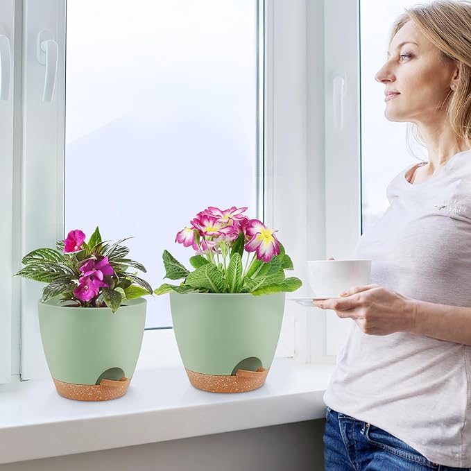 Plant Pots 8/7/6.5/6/5.5/5 Inch Self Watering Pots, Set of 6 Plastic Planters with Drainage Holes and Saucers,Plastic Flower Pots,Nursery Planting Pot for Indoor Out Door Plants（Green）