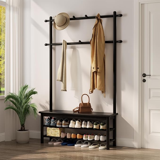 Coat Rack with Shoe Storage, Wooden Hall Tree with Bench, 11 Hooks and 2-Tier Storage Shelves, 3-in-1, Entryway Bench with Coat Rack (39.3"-Black)