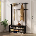Coat Rack with Shoe Storage, Wooden Hall Tree with Bench, 11 Hooks and 2-Tier Storage Shelves, 3-in-1, Entryway Bench with Coat Rack (39.3"-Black)