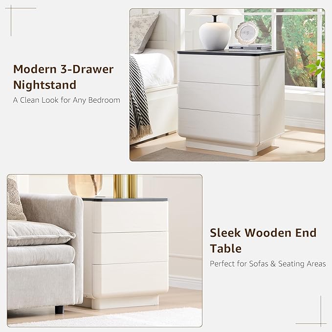 JXQTLINGMU 22" Modern Nightstand Set of 2 with Charging Station, Large Push-to-Open End Table, Wood Bedside Table, Curved Profile, Handleless 3 Drawer Night Stand for Bedroom, Living Room, Off White