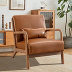INZOY Mid Century Modern Accent Chair with Wood Frame, PU Leather Reading Armchair with Waist Cushion, Upholstered Living Room Chairs for Bedroom Sunroom (Camel)