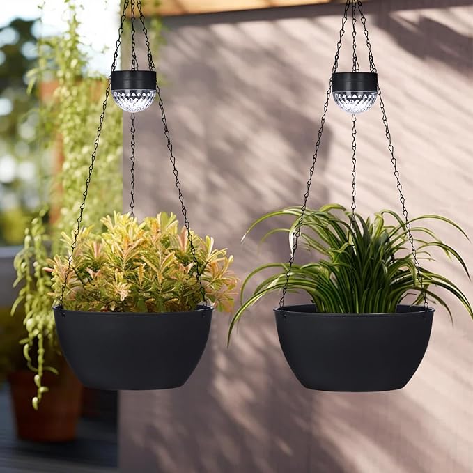 2 Packs Solar Hanging Basket Planters for Plants Outdoor, Self Watering Black Flower Plants Pots with Solar Light Drainer for Balcony Patio Garden Outdoor Decoration