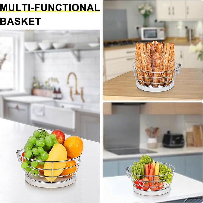 Livabber Countertop Fruit Basket Bowl with Banana Hanger, Modern Standing Fruit Vegetable Bowl Storage, with Banana Tree Holder for Kitchen Dinning Table (Round Marble, Chrome)