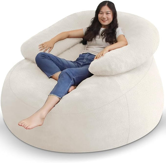 HABUTWAY Bean Bag Chair with U-Shaped Pillow for Adult and Kids Big BeanBag Chair with Filling Ultra Soft Faux Fur Couch Chair with Washable Cover for Living Room Bedroom Office, Beige & Beige