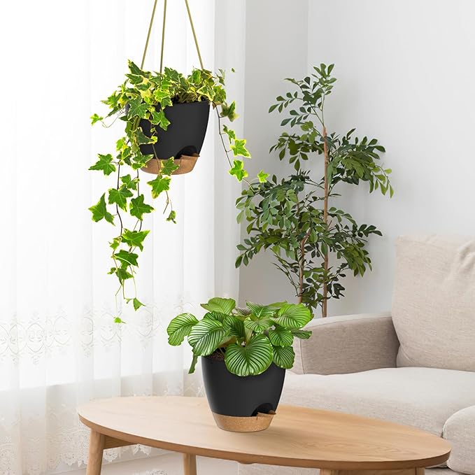 ZMTECH 8 Inch Hanging Planters for Indoor Outdoor Plants, 2 Pack Self Watering Hanging Plant Pots with Drainage Holes and Removable Saucer, Plastic Flower Hanging Pots with Watering Lip (Black)