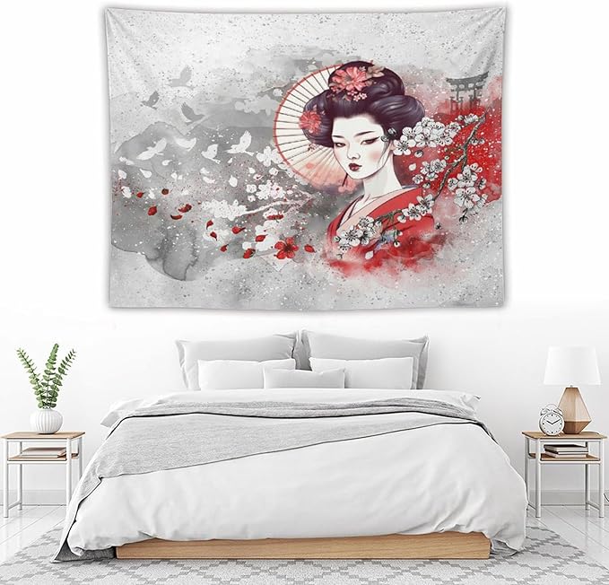 Japanese Geisha Tapestry Asian Red Cherry Blossom Traditional Kimono Folk Tapestries Home Decor for Living Room Bedroom Apartment Farmhouse Dorm 80"x60"
