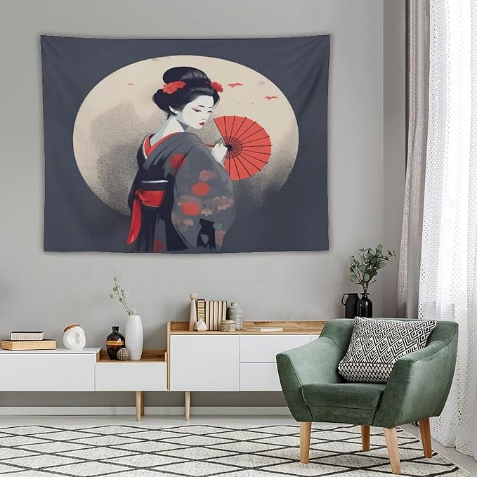 Japanese Woman Geisha Tapestry Asian Red Cherry Blossom Red Sun Traditional Kimono Folk Tapestries Home Decor for Living Room Bedroom Apartment Farmhouse Dorm 80"x60"