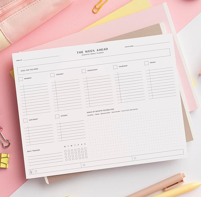 ThreeKin Essential Weekly Planner - 8.5"x11", 52 Tear-Off Sheets, Motivational Design, Goal Setting, Time Management, To-Do Lists, Productivity Organizer, Perfect for Home, Office, Students, Work