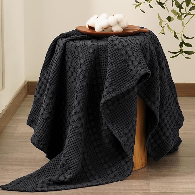 PHF 100% Cotton Waffle Weave Throw Blanket, Soft Lightweight Breathable Cozy Summer Throws for Couch Bed Sofa, Luxury Aesthetic Woven Blanket for Home Decor & Office, 50"x60", Black