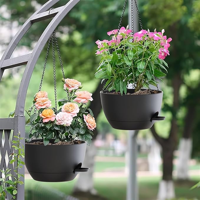 12 Inch Hanging Baskets 2 PC with Chains, Self-Watering Hanging Planters for Indoor Outdoor Plants, Plastic Hanging Flower Pots,Black