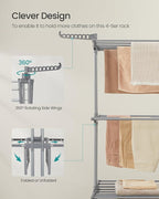 SONGMICS Clothes Drying Rack 4-Tier, Foldable Laundry Drying Rack 69.9-Inch Tall, Extendable Rods, Stainless Steel, Rolling Clothes Horses, Clothes Airer, Indoor Outdoor Use, Dove Gray ULLR704G01