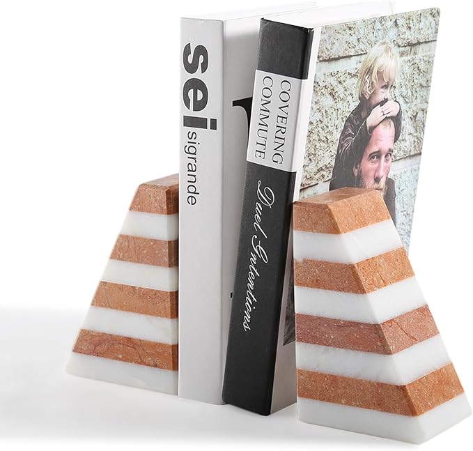 Marble Book Ends, Non-Skid Bookends for Shelves, Composite Bookend with Natural Stone, Heavy Duty Book Stopper, Collected CDs and Oversized Books Organizer, White & Red Decorative Bookends