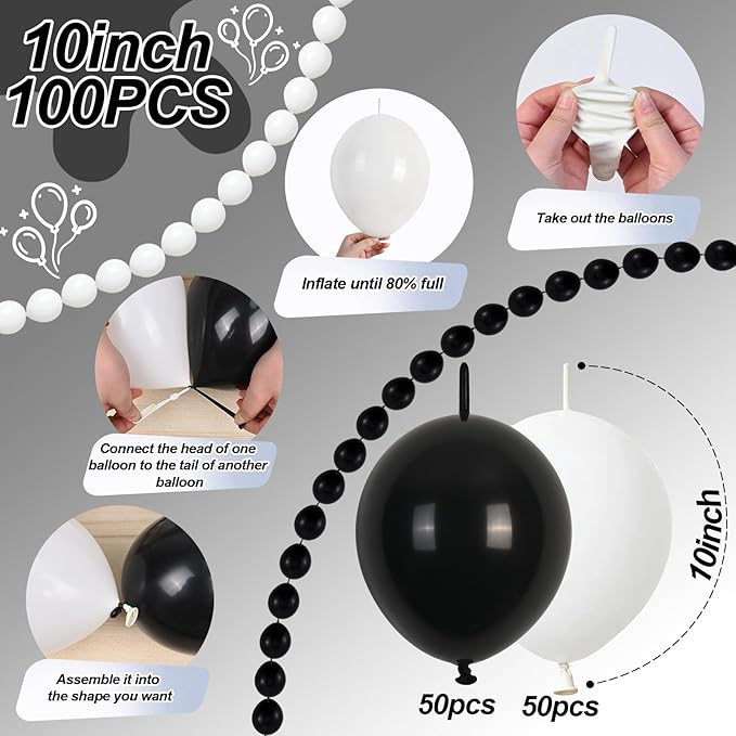 Black and White Quick Link Balloons, 100PCS Latex Linking Balloons for Making Balloon Wall Balloon Arch Balloon Chains and Wedding Birthday Baby Shower Engagement Graduation Party Decorations (10inch)