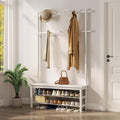 Coat Rack with Shoe Storage, Wooden Hall Tree with Bench, 11 Hooks and 2-Tier Storage Shelves, 3-in-1, Entryway Bench with Coat Rack (39.3"-Deep White)
