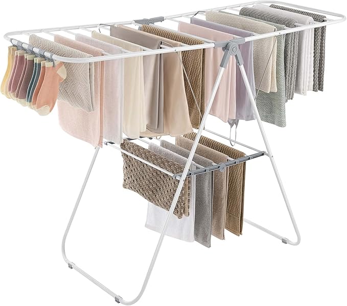 SONGMICS Clothes Drying Rack, with Sock Clips, Metal Laundry Rack, Foldable, Space-Saving, Free-Standing Airer, with 2 Height-Adjustable Gullwings, Indoor Outdoor Use, White and Gray ULLR052W02