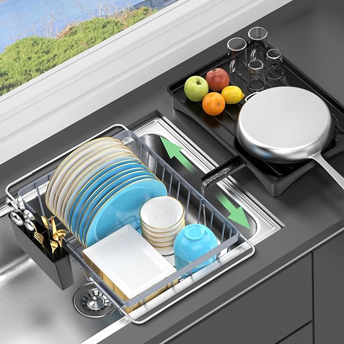 LEMIKKLE Expandable Dish Drying Rack- Space-Saving Dish Rack, Dish Drainers for Kitchen Counter with a Cutlery Holder, Over The Sink Dish Racks Fit for 14’’-19’’ Kitchen Sink Grey