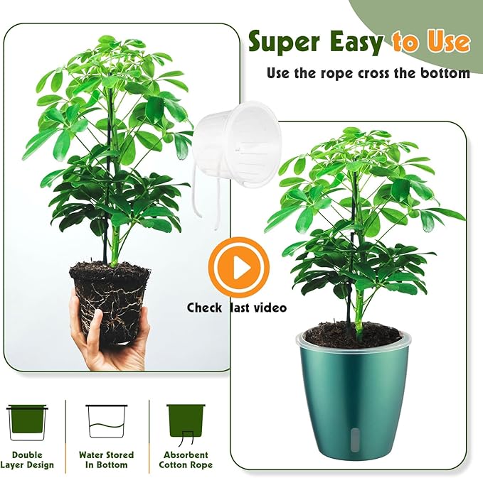 Self Watering Pots for Indoor Plants, 4-Pack 6.7'' Self Watering Planter with Drainage Holes, Small African Violet Pots with Water Indicator, Clear Wick Orchid Pot, Blue Gold