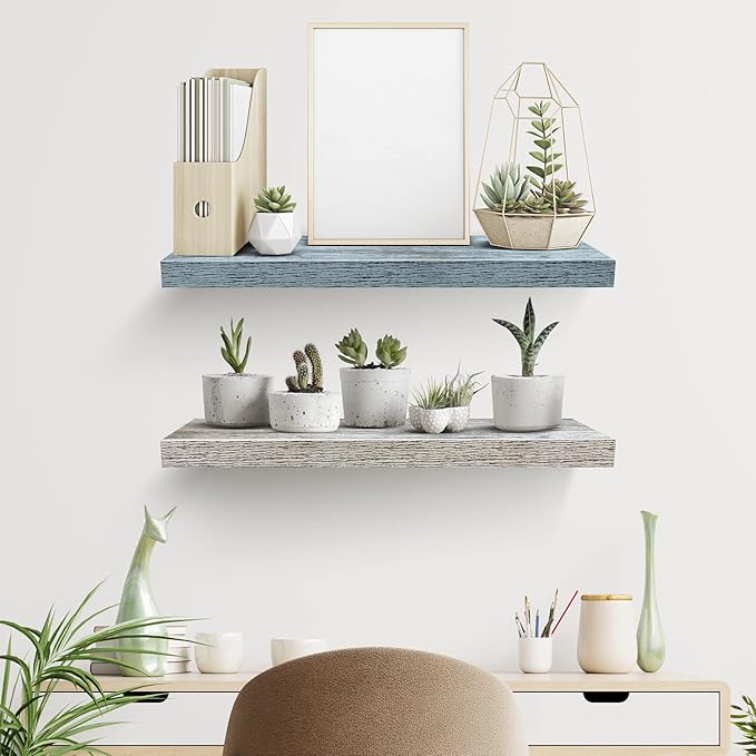 Sorbus Floating Shelf — Hanging Wall Shelves Decoration — Perfect Trophy Display, Photo Frames — Extra Long 24 Inch (Rectangle Shelf Set - Blue White)