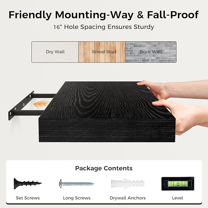 12 Inch Deep Black Floating Shelves, 16 x 12 Floating Shelf for Books, Rustic Wood Deep Wall Shelves for Home Storage & Display, 2" Thicked Shelves for Kitchen, Living Room, Bedroom, 2 Pack