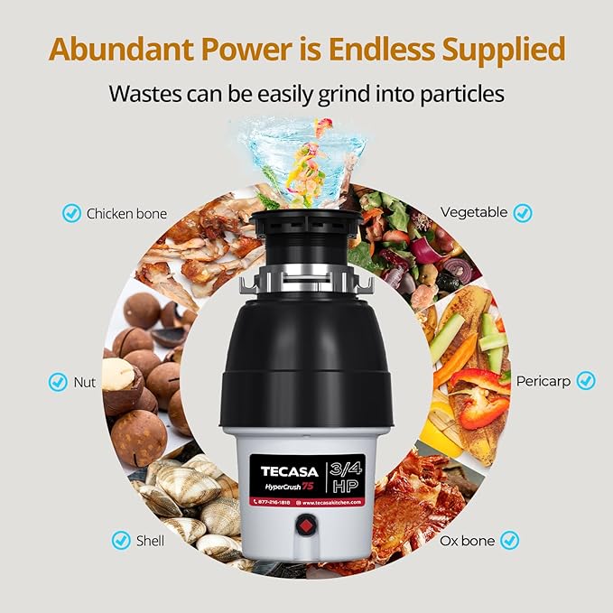 3/4 HP Corded Garbage Disposal for Kitchen Sinks, TECASA Continuous Feed Food Waste Disposer, Sound Reduction, Power Cord Included, Grey and Black - HyperCrush 75