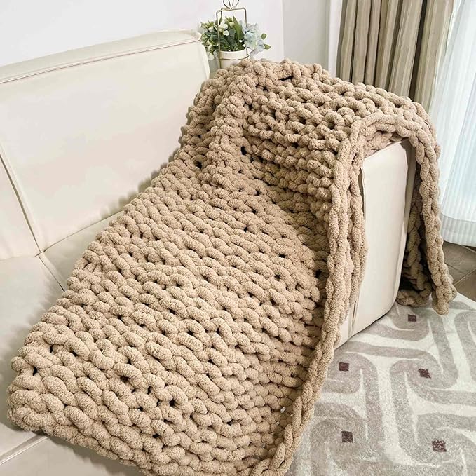 Chunky Knit Blanket Throw 48"x71", Chenille Throw Blankets, Handmade Warm & Cozy Blanket Couch Bed Home Decor, Soft Breathable Fleece Banket, Christmas for Couch Bed Sofa Best Gift (Tan)