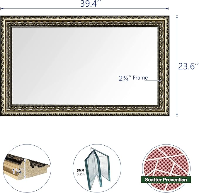 Bathroom Wall Mirror, Decorate Bathroom Mirrors for Wall, Rectangle Modern Bathroom Wall Mounted Mirror Vertical or Horizontal Hanging for Living Room (Gold Framed 40" x24'')