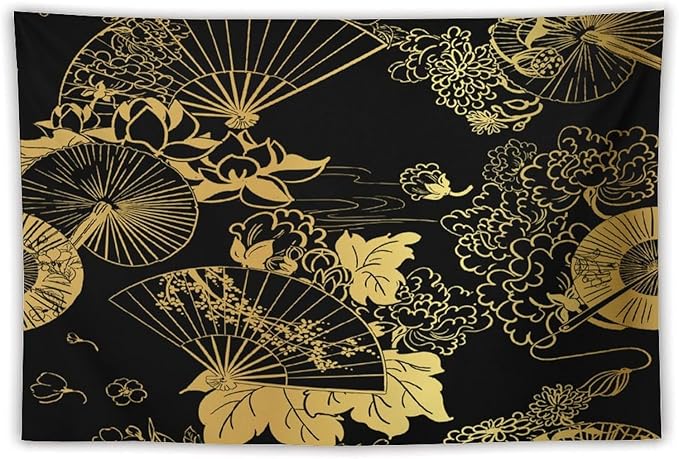 HZOHNAGO Japanese Tapestry Gold Flowers Umbrella Fan Pattern Printed Wall Tapestry Painting Wall Hanging for Bedroom Living Room Dorm 60" W x 40" H