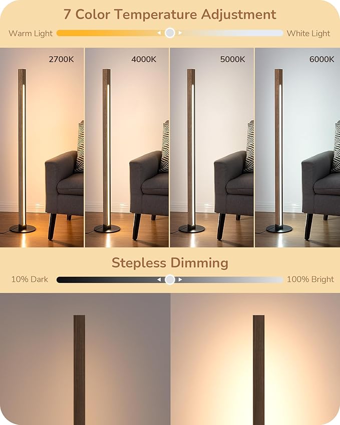 EDISHINE Corner Floor Lamp, Upgraded Dual-Sided Lighting, Wooden Floor Lamps for Living Room, Standing Lamp with Remote/Foot Control, 7CCT & Dimmable Floor Lamp for Bedroom, Office, Natural Wood