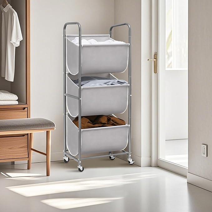 STORAGE MANIAC 120 Liters Vertical Rolling Laundry Hamper, 3 Section Laundry Sorter with Wheels and 2 Breaks, 3-tier Laundry Baskets for Small Space, Dorm, Laundry Room, Closet, Bathroom, Gray 3-tier