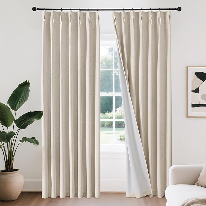 Joydeco Pinch Pleated Linen Curtains Darkening Drapes for Bedroom, 100% Blackout Drapes 96 inches Long 2 Panels Heat Blocking Curtains(Ecru,40'' Wx96'' L)