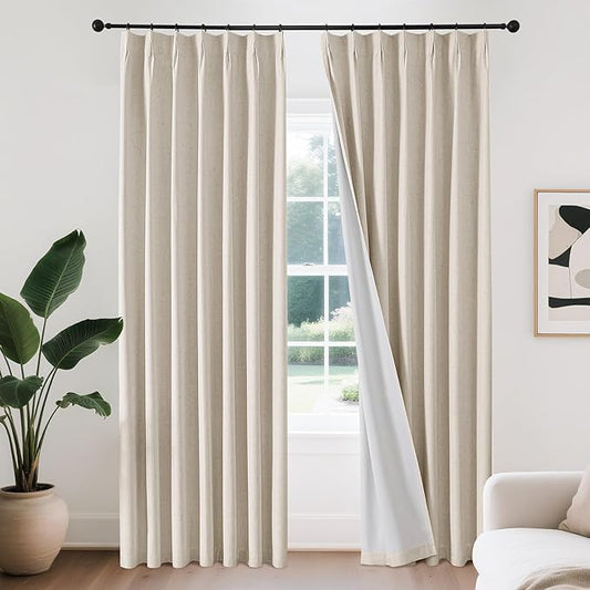 Joydeco Pinch Pleated Linen Curtains Darkening Drapes for Bedroom, 100% Blackout Drapes 96 inches Long 2 Panels Heat Blocking Curtains(Ecru,40'' Wx96'' L)