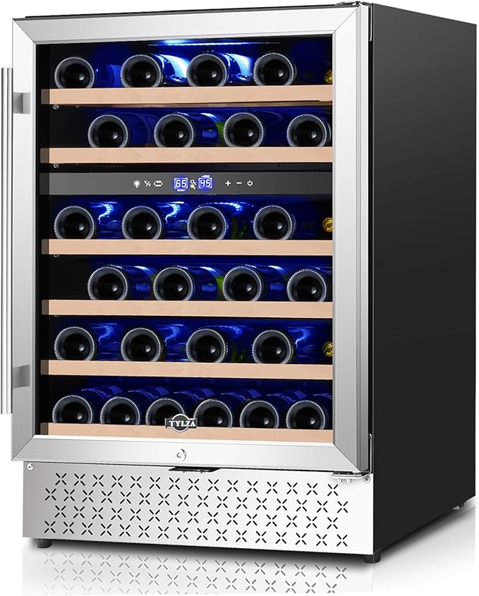 Tylza 24 Inch Dual Zone Wine Cooler Refrigerator, 46 Bottle Built-in or Freestanding, 24'' Wine Fridge with Stainless Steel & Professional Compressor and Temperature Memory Function