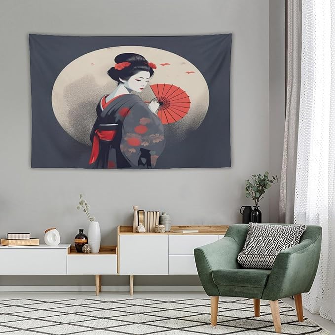 Japanese Woman Geisha Tapestry Asian Red Cherry Blossom Red Sun Traditional Kimono Folk Tapestries Home Decor for Living Room Bedroom Apartment Farmhouse Dorm 90"x60"