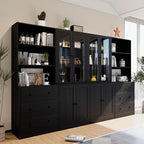 TUSY 71" Bookshelf Bookcase, 3-Tier Modern Bookshelves 3 Large Drawer, Wood Filing Cabinet with Open Storage Shelf, Glass Doors 5-Tier Fixed Storage Shelves for Home Office (Black)