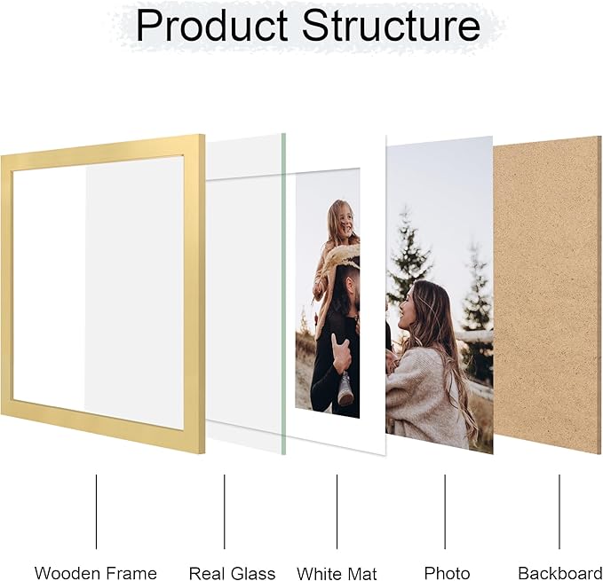 12x12 Picture Frame Set of 4, 12 x 12 Wood Photo Frames with Mat for 10x10 or 30x30cm Diamond Painting Art, Wooden Frame with Real Glass Cover for Wall and Tabletop Display,Gold