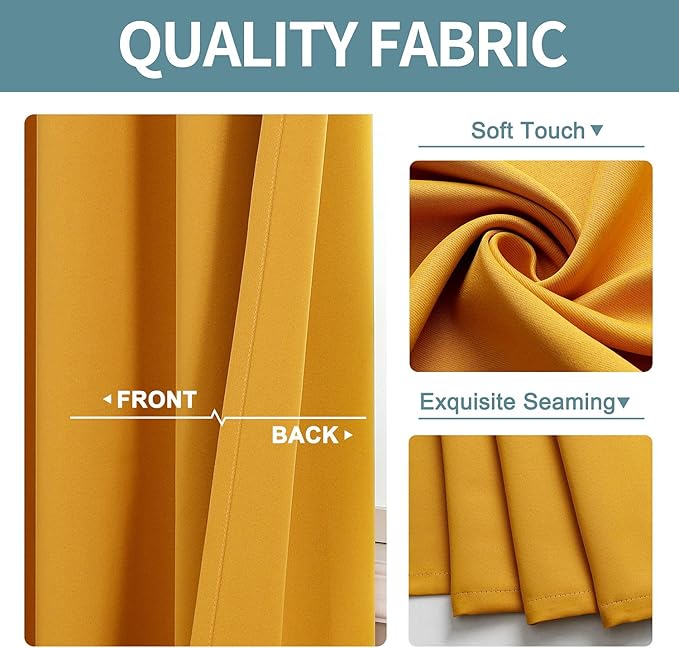 ChrisDowa Room Darkening Curtains 80 Inches Long 2 Panels Set for Living Room, Grommet Thermal Insulated Blackout Curtains for Bedroom (Mustard Yellow, 52 x 80 Inch)