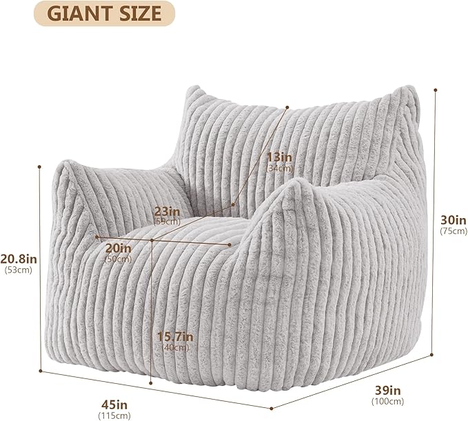 Giant Bean Bag Chairs for Adults Teens, Large Bean Bag Sofa Chairs with Filling Comfy Fuzzy BeanBag Chair with Armrests for Bedroom Living Room Reading (Light Gray, Large)