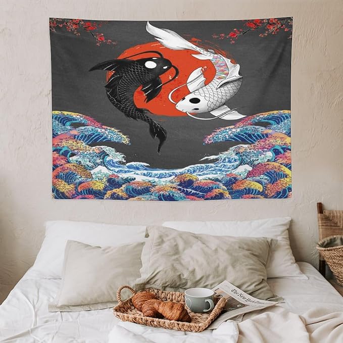 Houselerax Japanese Koi Fish Tapestries, Yin Yang Big Wave Cherry Blossom Tapestry Wall Hanging for Bedroom Living Room Office Decor 40"x30"