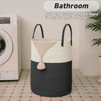 Large Woven Laundry Basket Hamper,60L Cotton Rope Storage Bin for Blankets,Toys and Clothes,Decorative Tall Nursery Hamper for Living Room,Baby Nursery,Bathroom and Bedroom,White and Black