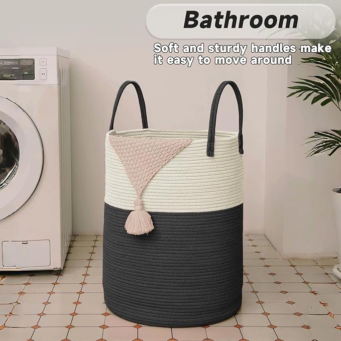 Large Woven Laundry Basket Hamper,80L Cotton Rope Storage Bin for Blankets,Toys and Clothes,Decorative Tall Nursery Hamper for Living Room,Baby Nursery,Bathroom and Bedroom,White and Black