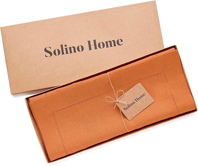 Solino Home Linen Pumpkin Table Runner 144 Inches Long - 100% Pure Linen Extra Long Table Runner 14 x 144 Inch - Classic Hemstitch - Fall, Autumn, Halloween, Thanksgiving