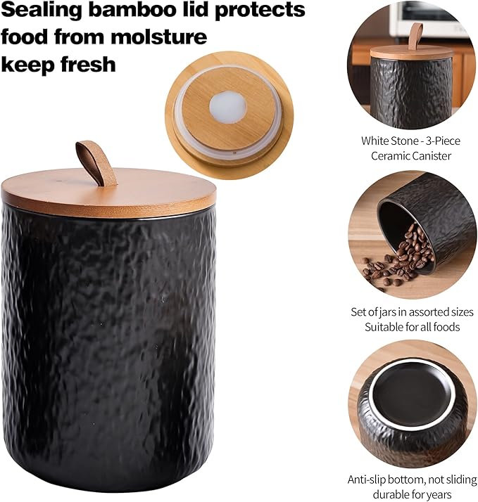 JOJUNO Black Ceramic Canister Set with Wooden Lid, 3-Piece Airtight Food Storage Jars for Kitchen Counter - Flour, Sugar, Coffee, Tea, Spice - Small, Medium, Large Sizes - Stone Texture