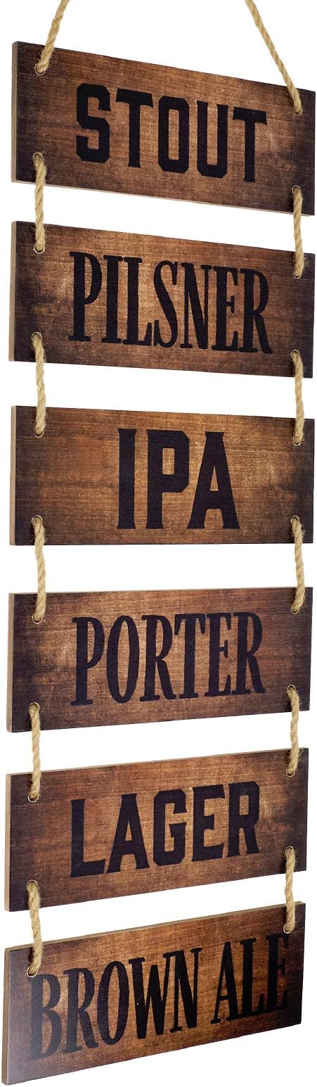 EXCELLO GLOBAL PRODUCTS Large Hanging Wall Sign: Rustic Wooden Decor (Stout, Pilsner, IPA, Porter, Lager, Brown Ale) Hanging Light Wood Wall Decoration (11.75" x 32")