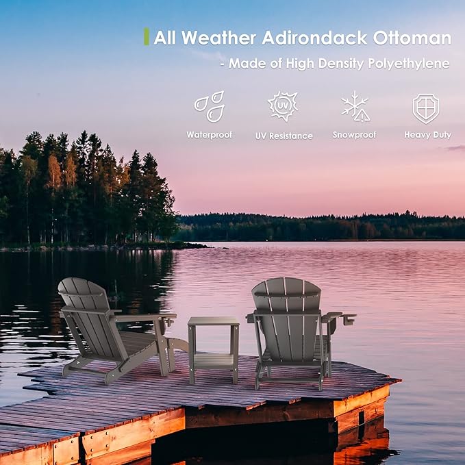 GREENVINES Adirondack-Ottoman | Set of 2 | HDPE Plastic | Outdoor Footrest | All Weather | Foot Rest | Foot Stool | Grey | for Adirondack Chair | for Patio Backyard Pool